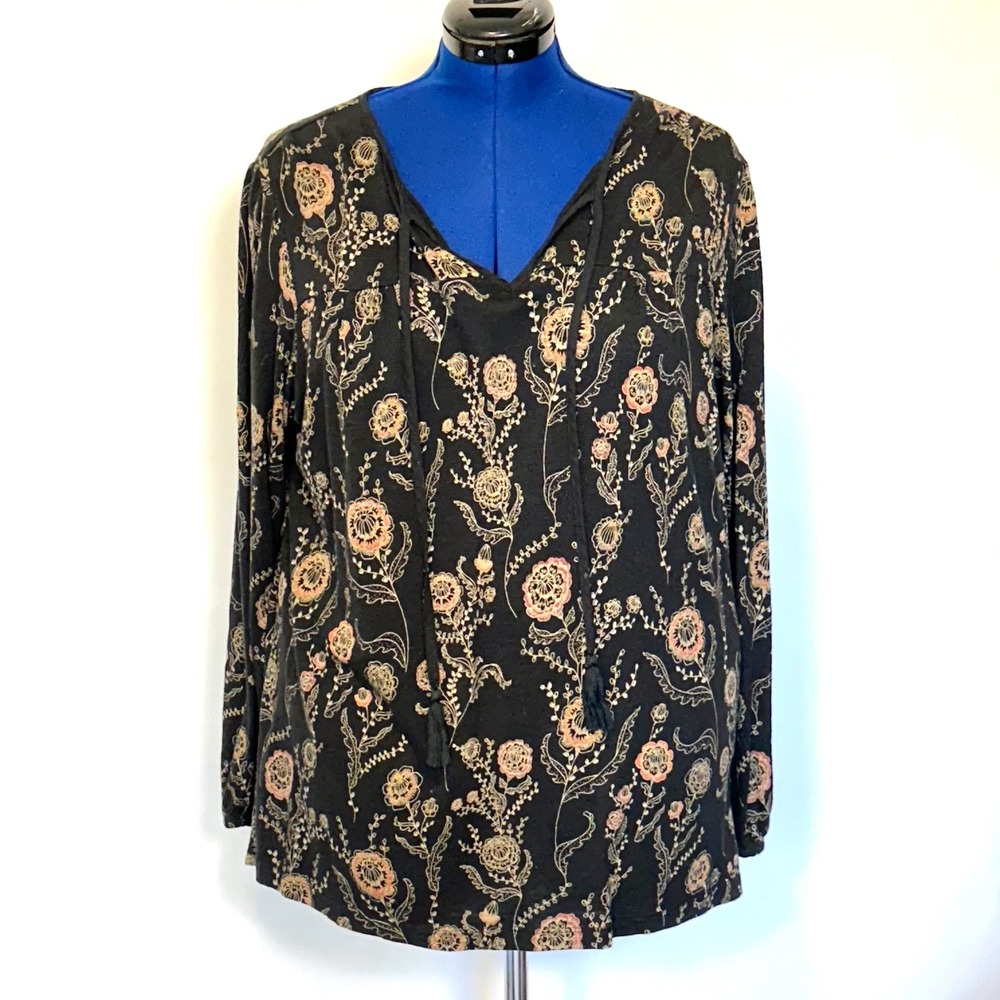 FatFace Women Black Floral Boho Tassel Tie V-Neck Long Sleeve‎ Blouse Size UK 18